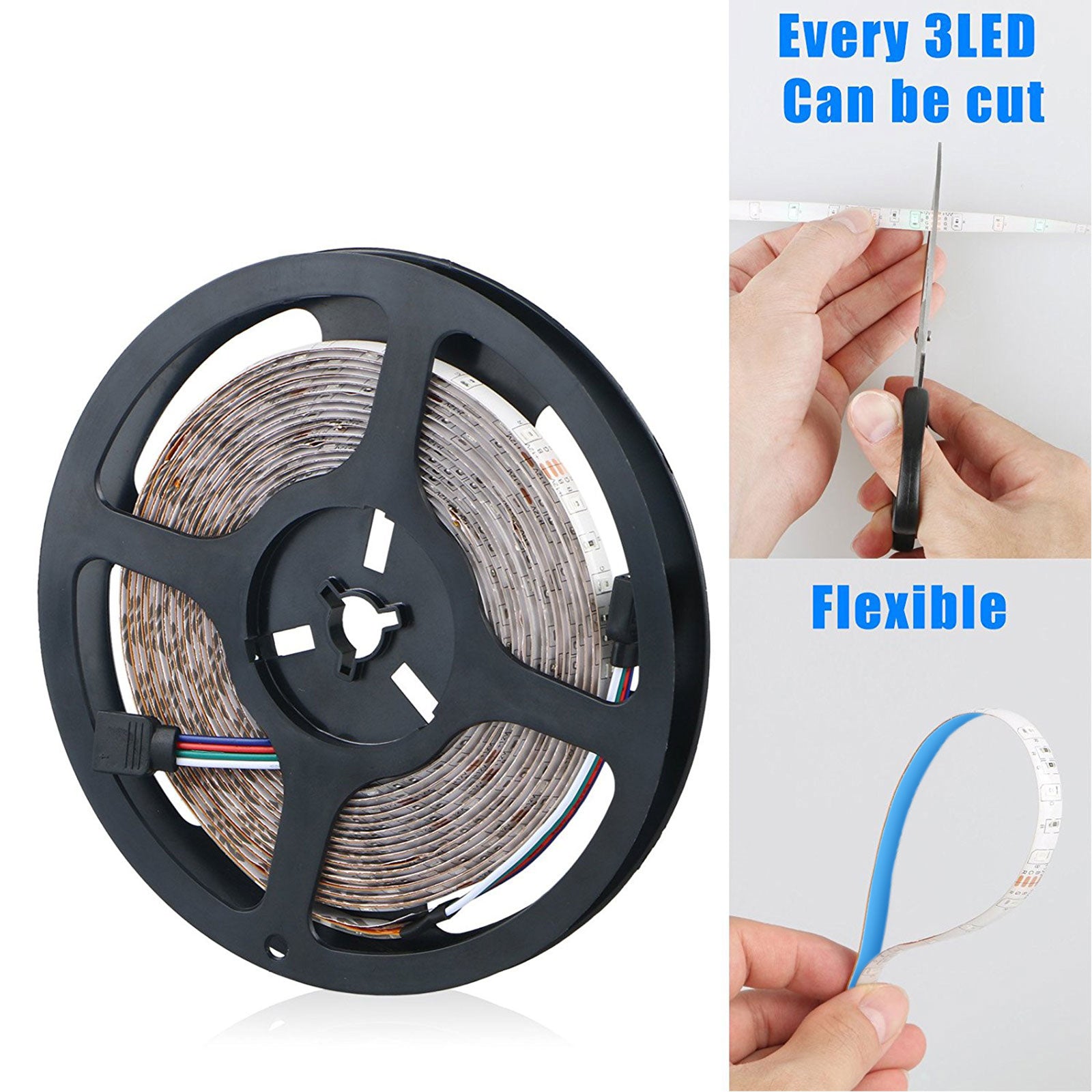 16.4 Feet LED RGB Flexible Strip Light Kit, 300 Units SMD 5050 LEDs, 12V DC, Waterproof