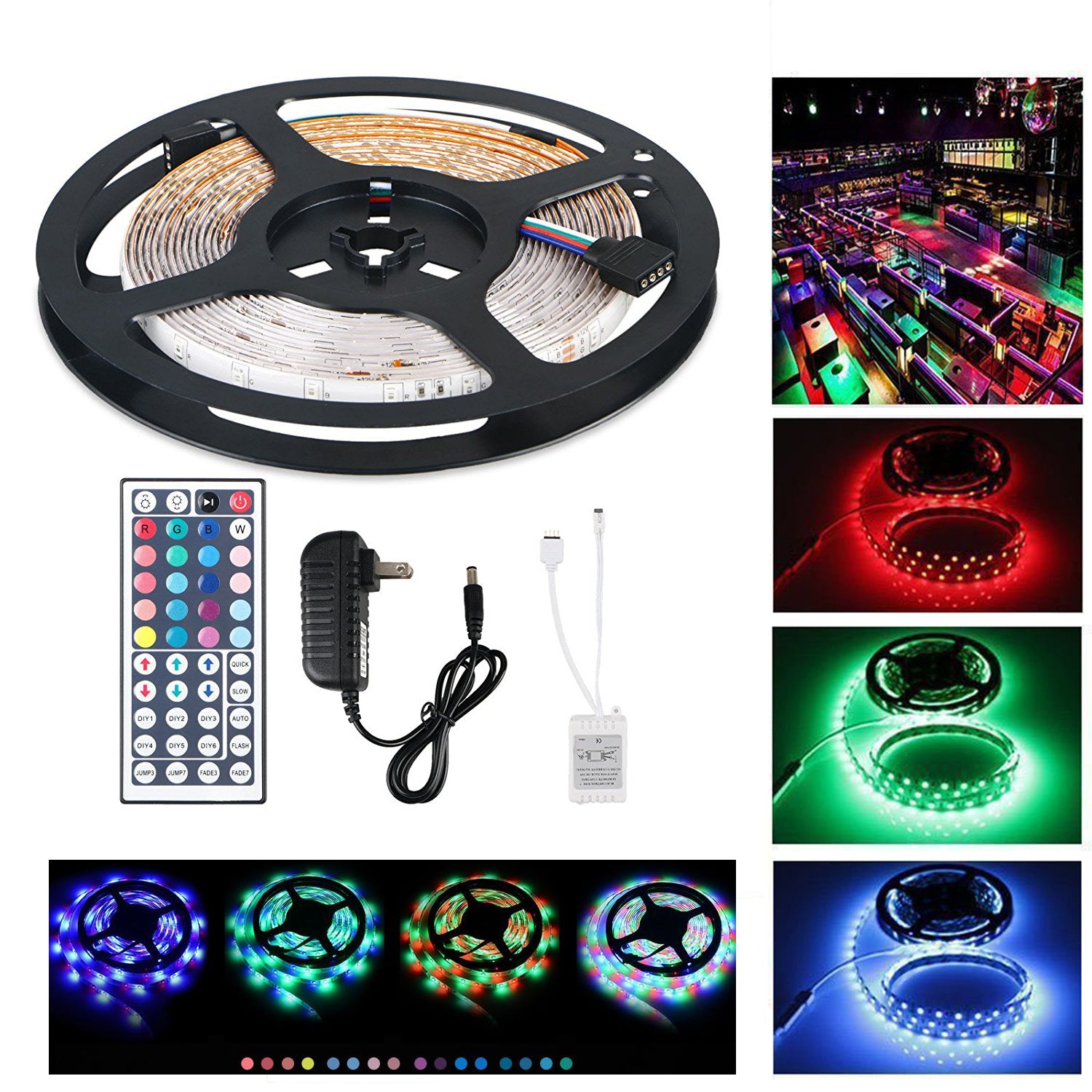 16.4 Feet LED RGB Flexible Strip Light Kit, 300 Units SMD 5050 LEDs, 12V DC, Waterproof