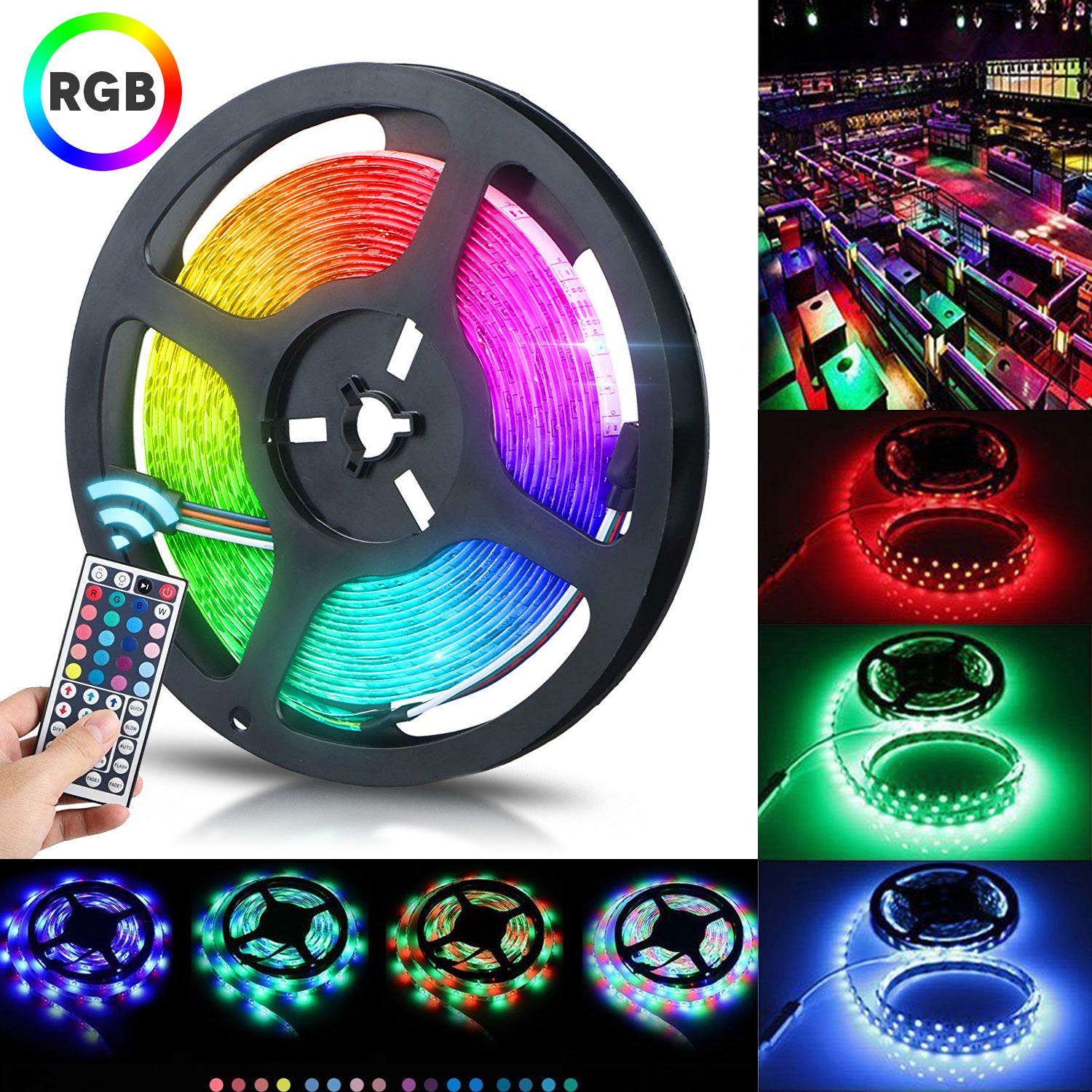 16.4 Feet LED RGB Flexible Strip Light Kit, 300 Units SMD 5050 LEDs, 12V DC, Waterproof
